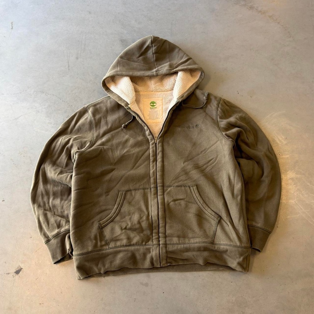 Vintage timberland olive green Sherpa lined heavyweight zip up hoodie